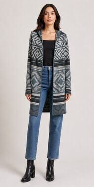 Grifflin Paris Aztec Hooded Long Open Cardigan Sweater Womens Size Small Gray